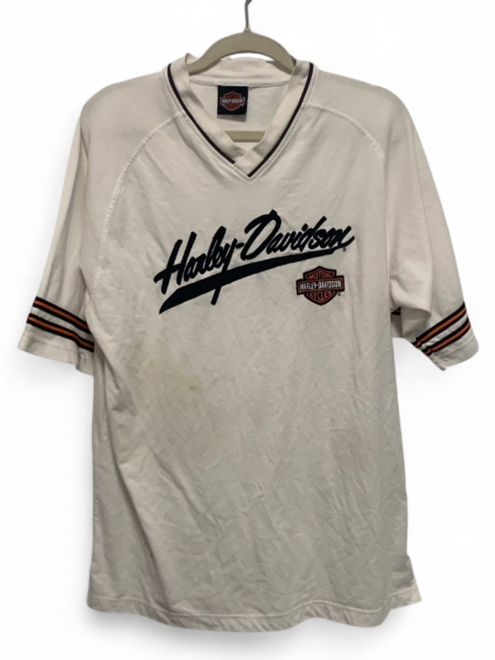 Harley-Davidson White Short Sleeve V-Neck with Black Script and Orange Trim